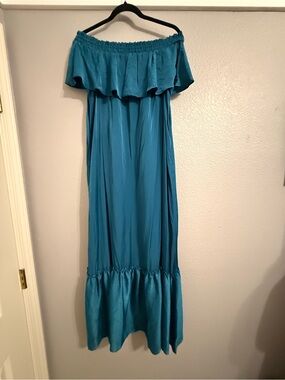LOFT Beach Teal Blue Strapless Ruffle Maxi Dress